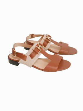 Liz Claiborne  Brown Flat Sandals 5.5 Faux Leather & Canvas Gold Horse Bit